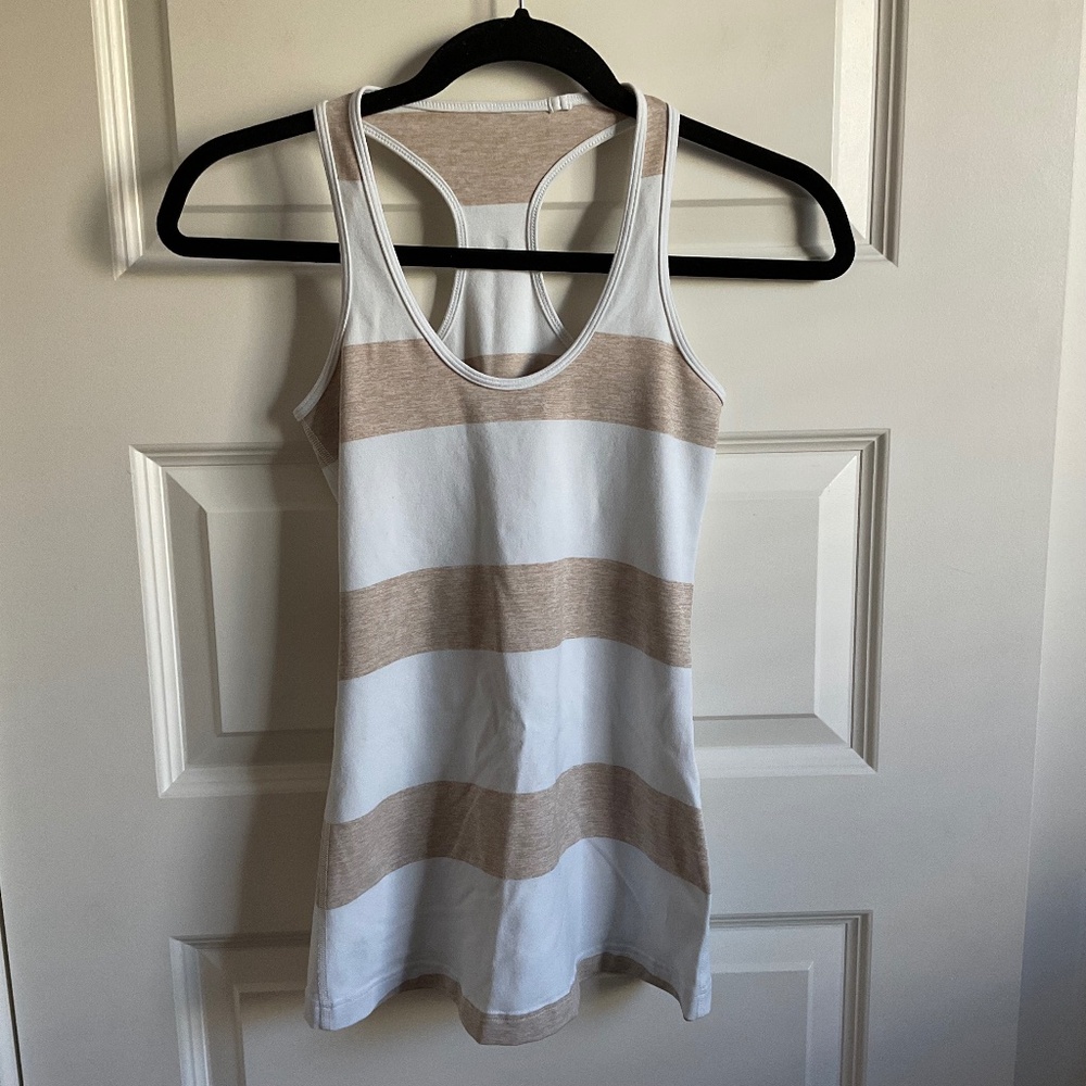 Lululemon Tan/White Striped Racerback Tank Top - Size‎ 0